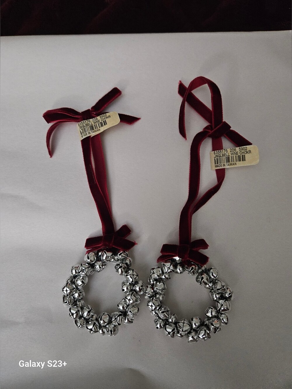 Pottery Barn Silver Bell Wreath Ornaments with Wine Red Velvet Ribbons